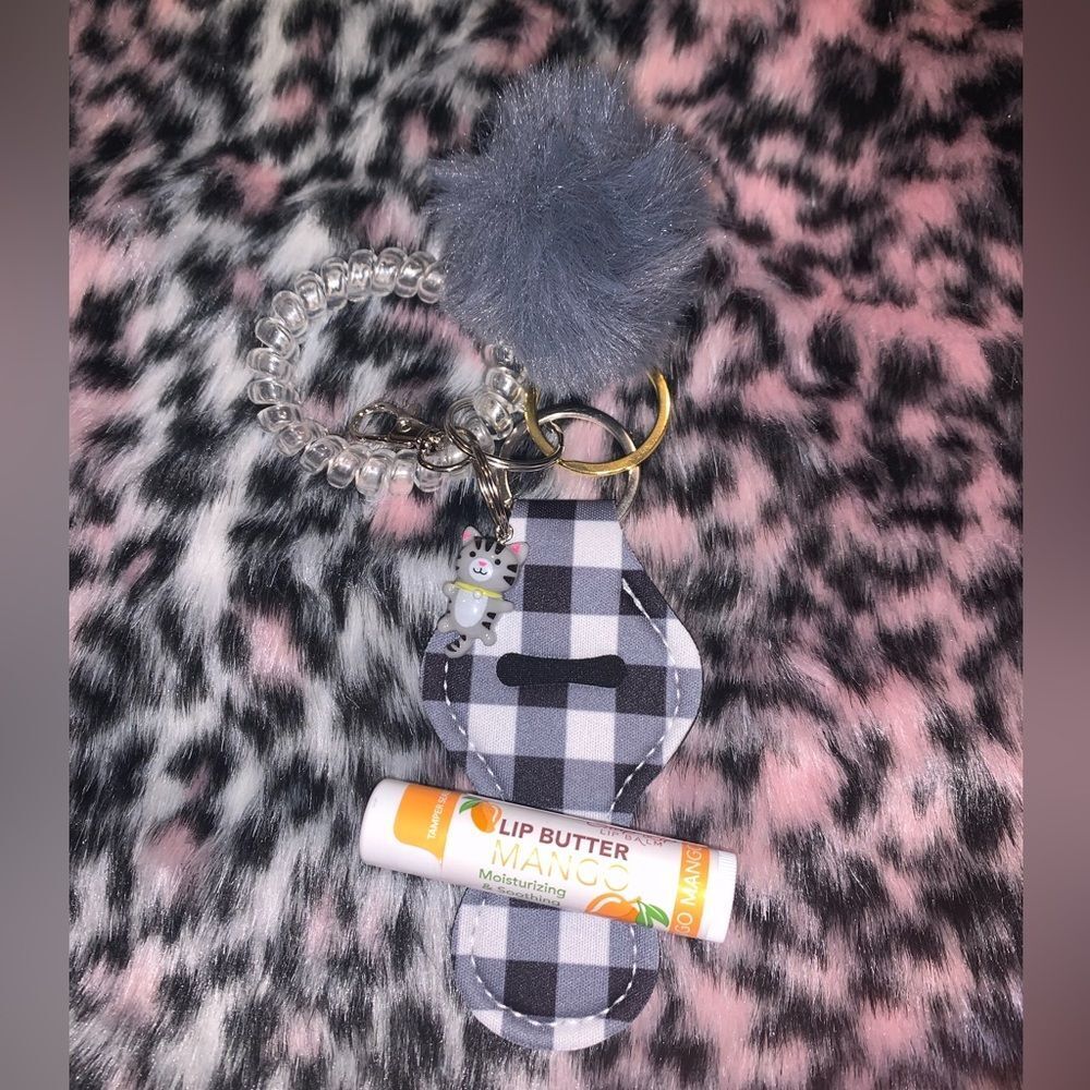 Plaid Chapstick Holder Keychain Set with Cat Charm